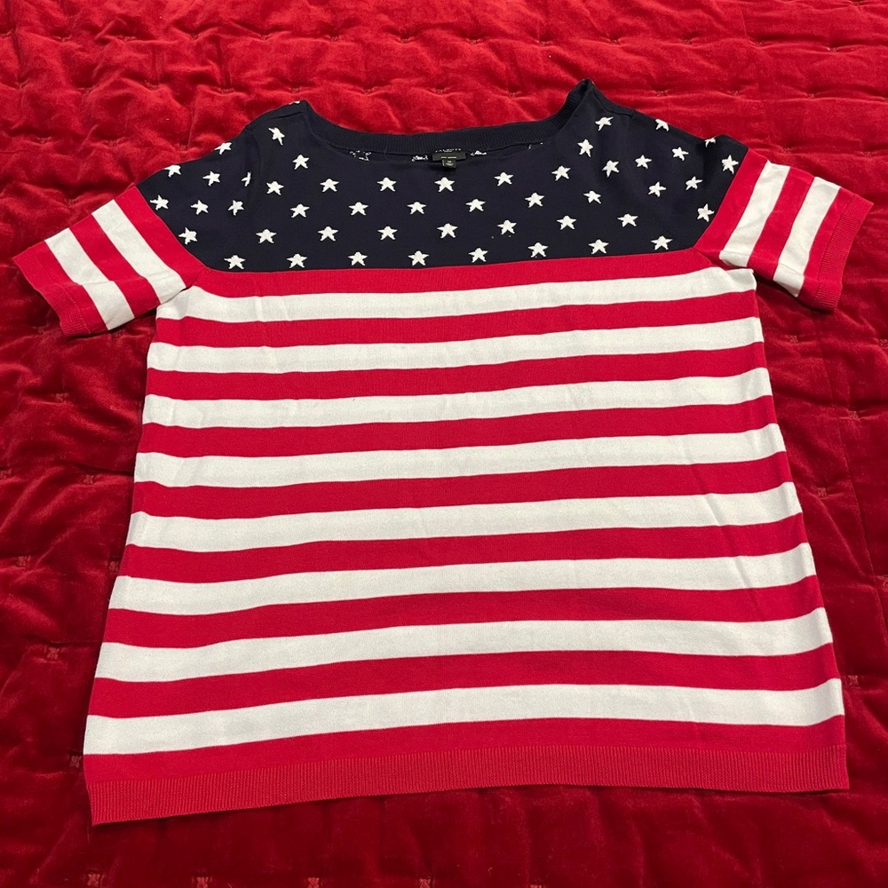 Talbots Red and White Short Sleeve Sweater with Patriotic Design